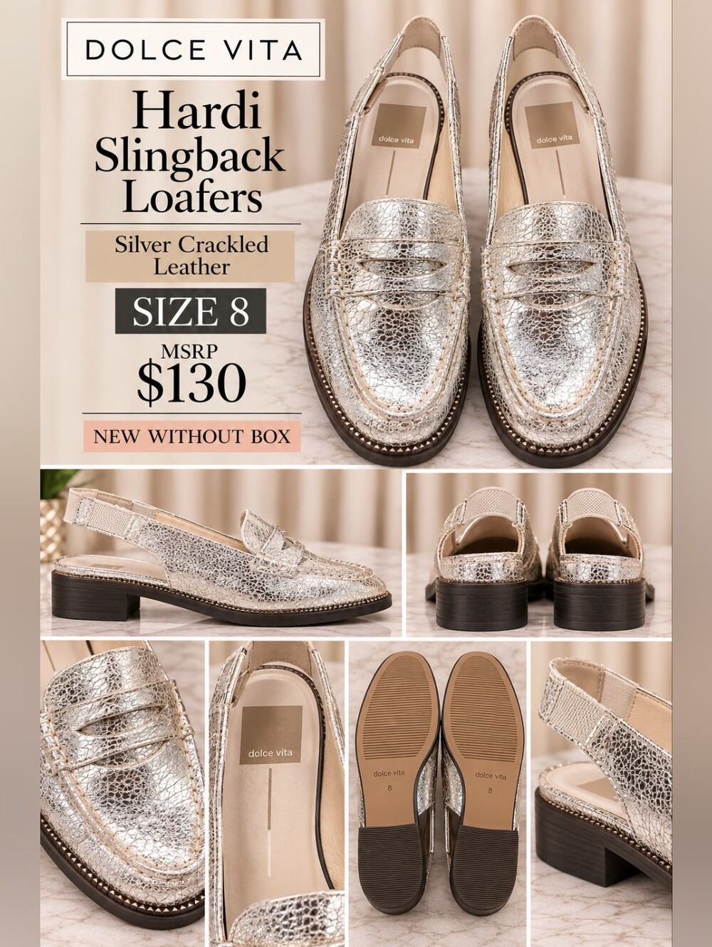 Dolce Vita Silver Crackle Leather Slingback Loafers - NWOB